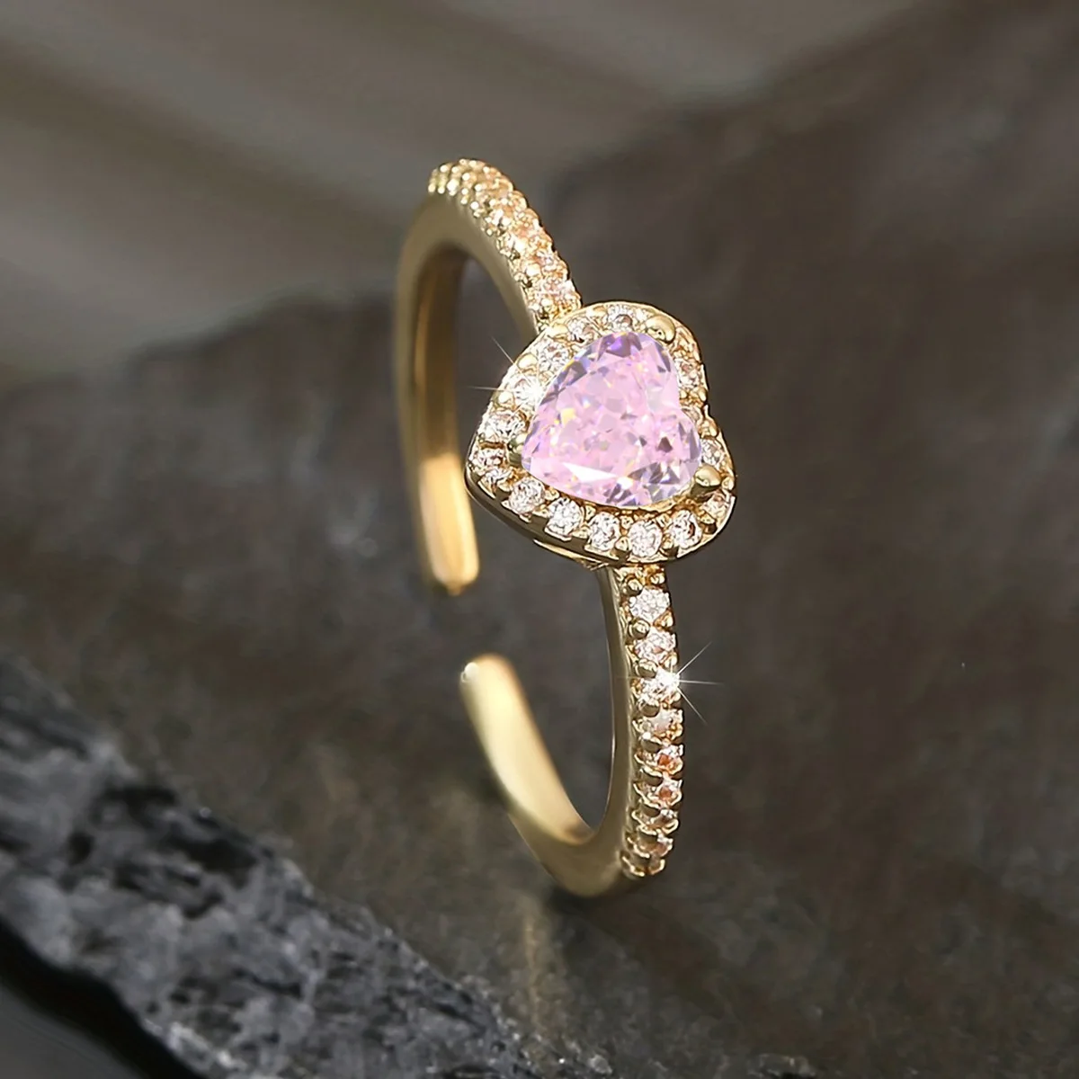Luxury Pink Micro Zircon Heart Shaped Adjustable Ring For Women Exquisite Silver Color Metal Young Girls Party Jewelry