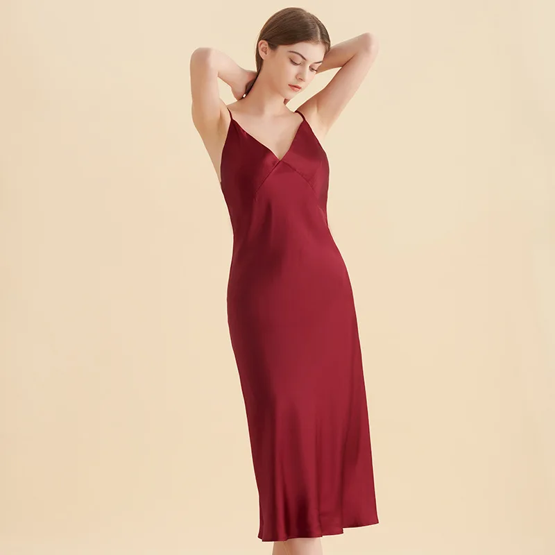 100% Mulberry Silk Sexy Night Dress Women Deep V Neck Nightie Midi Sling Nightgowns Female Underwear Long Sleepdress Homewear