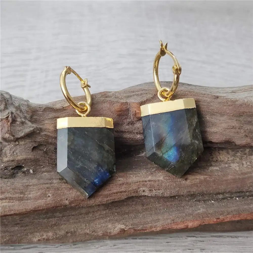 FUWO Carved Shield Shape Labradorite Earrings,Gold Color Handmade Natural Labrador Stone Jewelry Dangle Earring ER423 5Pair/Lot