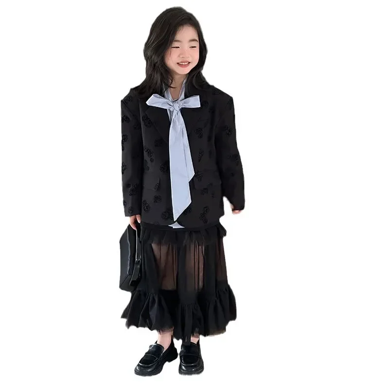 Suit for Girls Autumn Casual Printed Blazer Jacket Mesh Skirt 2pcs School Uniform Kids Clothes Set 2-13 Years Children Costumes