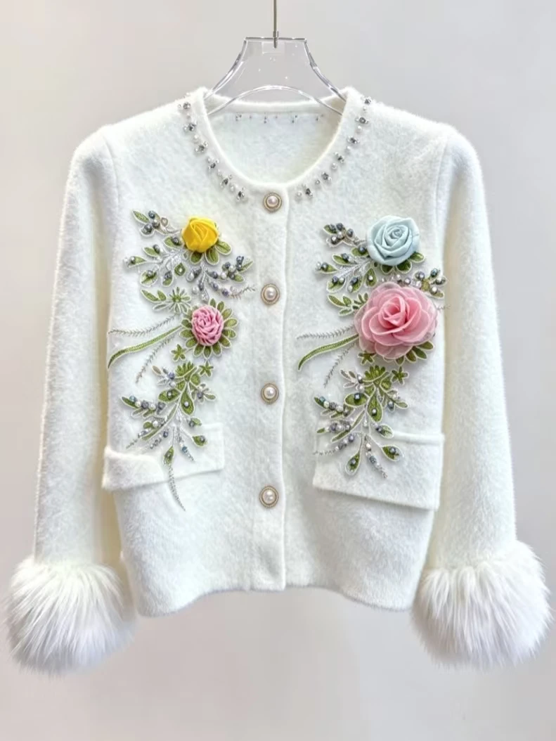 Luxuriöse Designer-Strickjacken für Herbst und Winter, Strickmantel mit Kunstfellärmeln, gestrickte Cardigan-Oberteile, weiße Strickjacken, Mantel, Oberbekleidung, Jacke