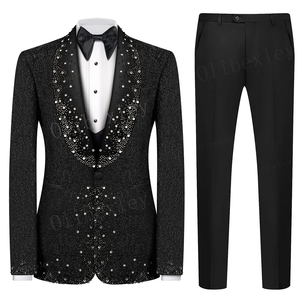 B35 Luxury Black Men Suits Set 2 Piece Blazer Pants Crystals Custom Made Jacket Groom Wedding Tuxedo Party Prom Suits