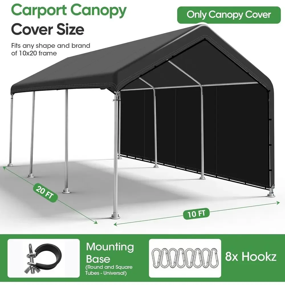 10x20ft Durable Carport Cover with Sidewalls, 500D Waterproof and UV-Protected Heavy-Duty Top Tent Tarp, Easy Setup, Black