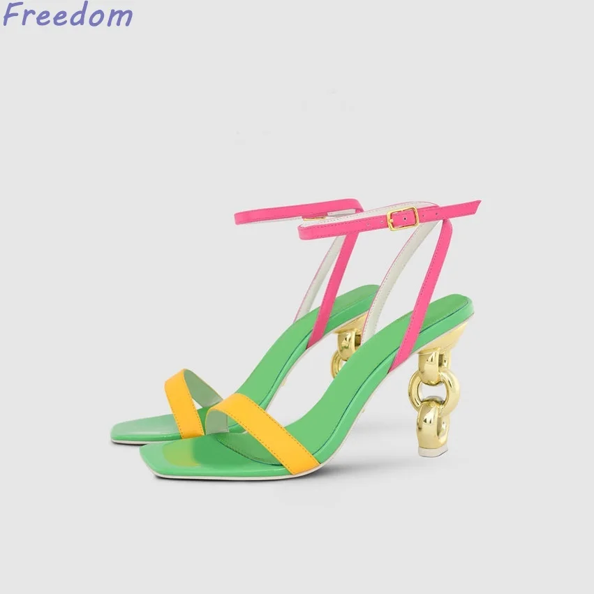 Colorful color-block vitality of summer with fashion square toe open-toe sandals high heels women\'s model