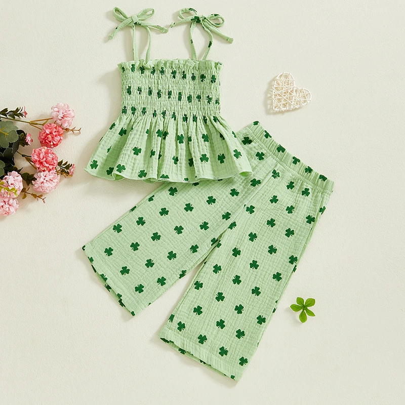 Toddler Baby Girl Lucky Clover Set Sleeveless Smocked Lacing Strap Camisole Elastic Waistband Pants 2-Pieces Spring Outfits