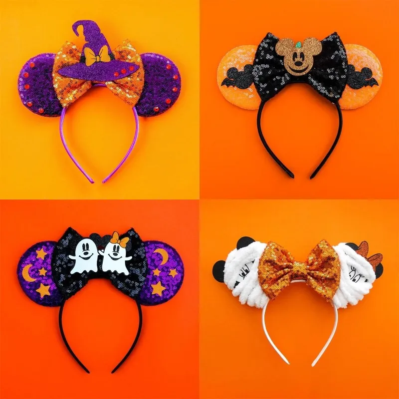 Disney Mickey Mouse Ears Headbands for Women Girls Party Hair Accessories Minnie Mouse Hairband Kids Sequins Bows Headwear Gifts