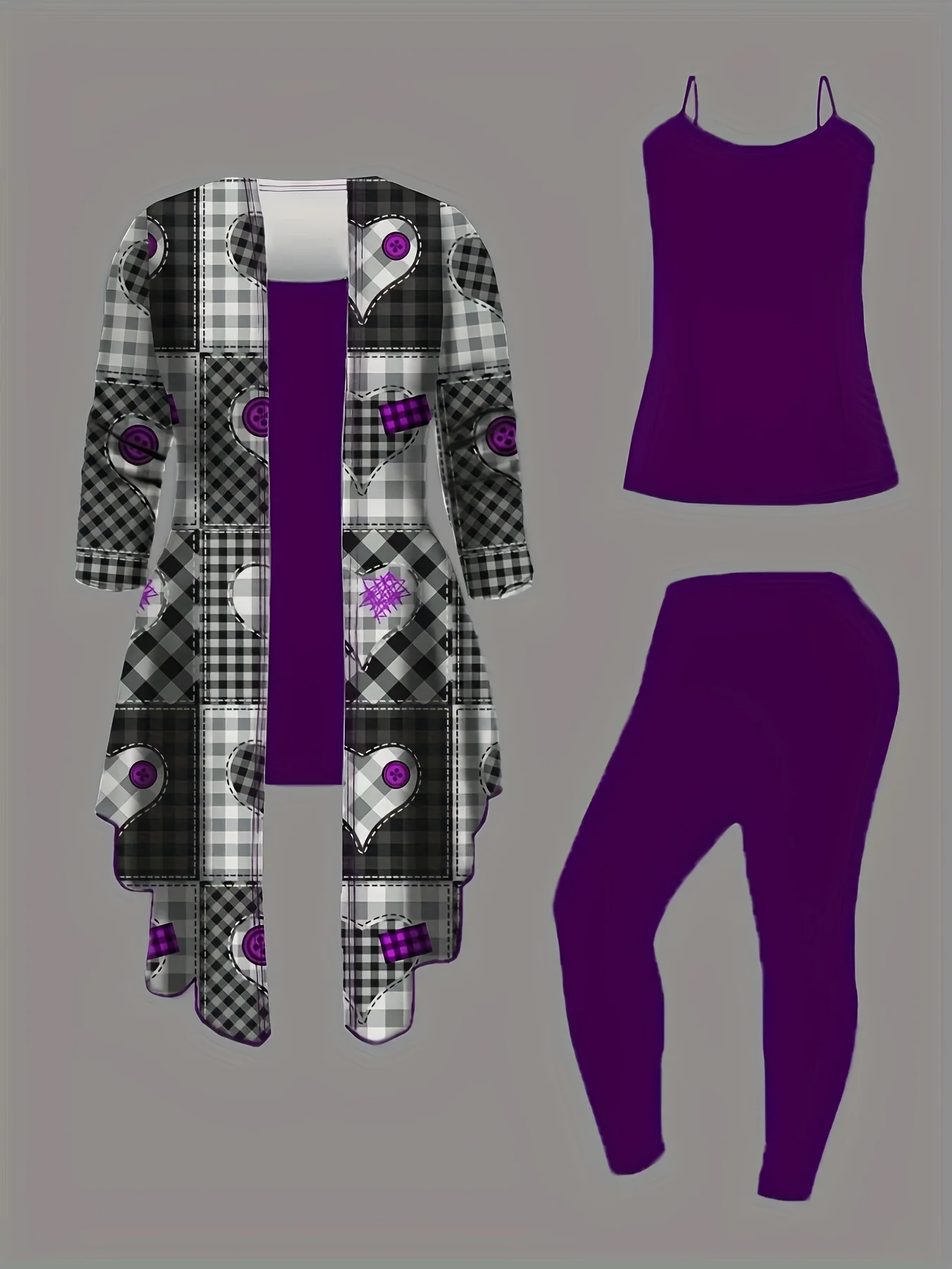 طقم نسائي مقاس كبير مكون من 3 قطع للربيع والخريف: سترة صوفية مطبوعة على شكل قلب وسترة وبنطلون كاجوال.