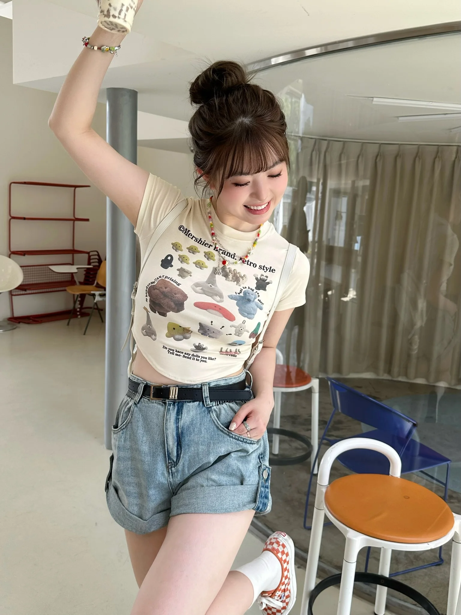 

High Waist Wide Leg Cuffed Denim orts Women Summer American Retro Loose Slim A-Line Hot Pants Cotton Stretch Fabric