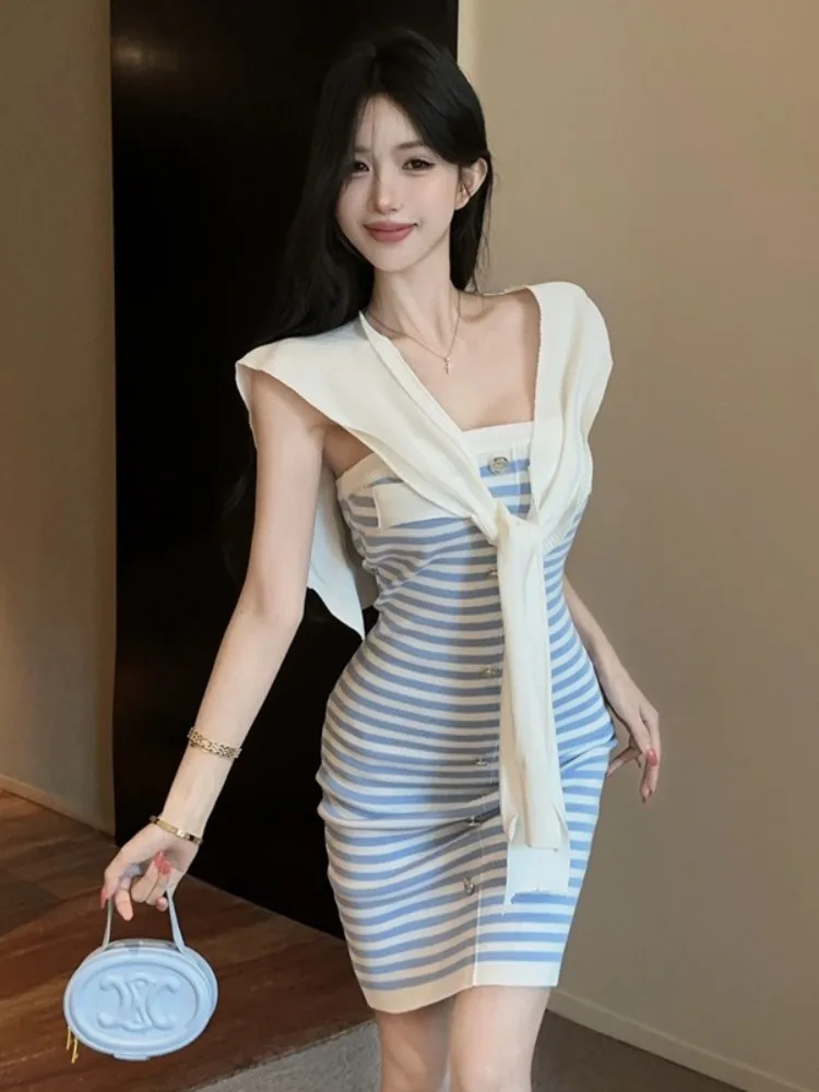 

Summer New One-Shoulder Stripe Color Block Knitted Wrap around Dress Sexy Butt Covering Ribbed Design High Waist Style