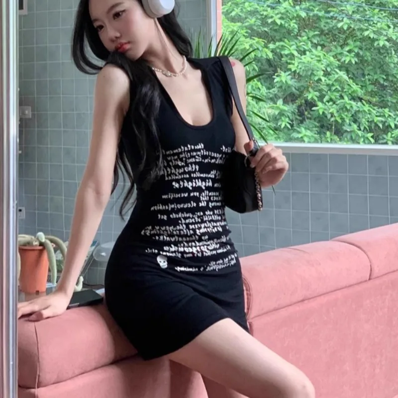 Sleeveless Dresses Women Bodycon Letter Printed Korean Fashion Mini Sundress Sexy Spicy Girls Streetwear Summer Low-cut Vestidos