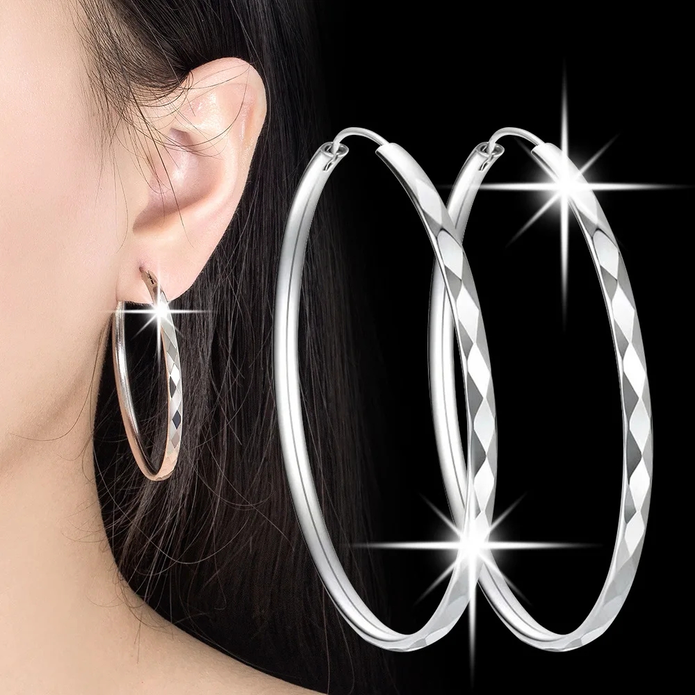 

925 Sterling Silver 3/4/5/6CM Round Hoop Earrings For Women Fashion Party Luxury Jewelry Accessories Christmas Gifts