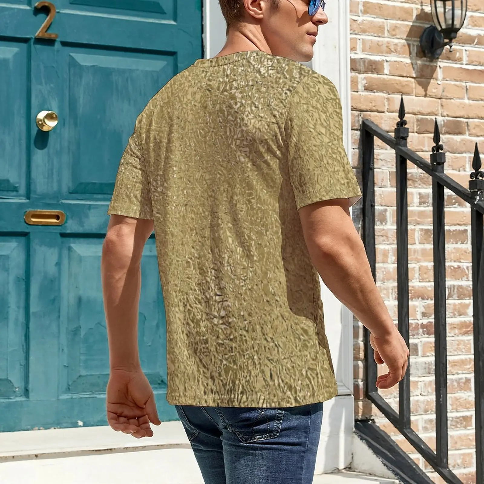 Gold Faux Metallic Print T Shirt Male Golden Glitter O Neck T Shirts Summer Fashion Tops Short Sleeve Street Plus Size Tee Shirt