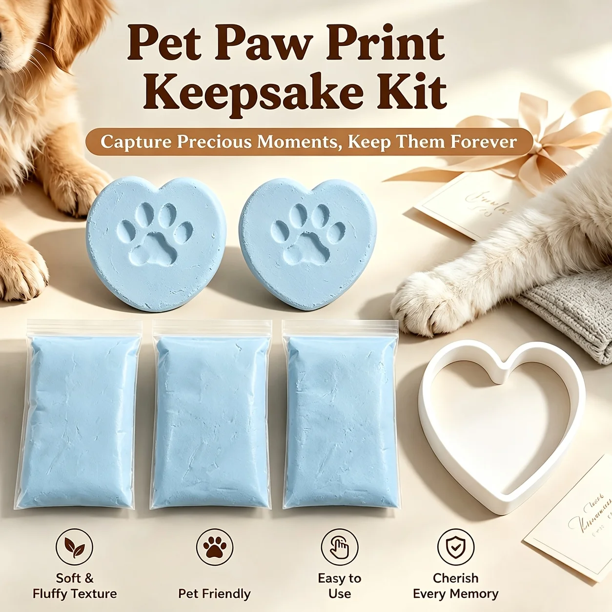 Cat Dog Paw Print Memorial Kit, 3 Heart Mold Ink Packs, 3 Colors, DIY Pet Keepsake Gift for Pet Lovers, Creative Craft Set 3 Pcs