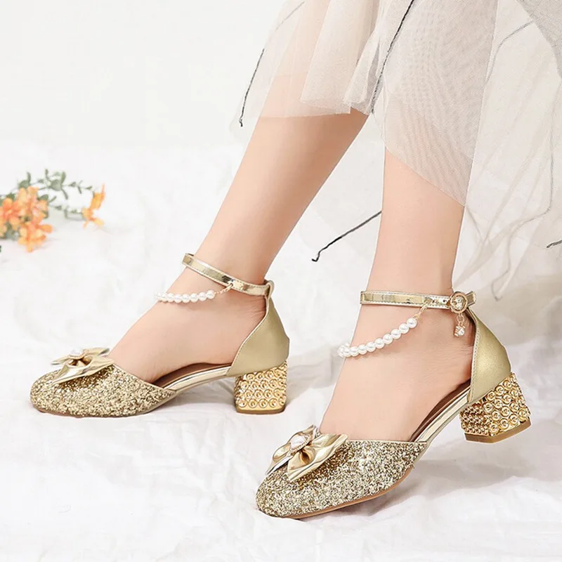 Girseaby Women Wedding Princess Pumps Mary Janes Buckle Pearls Crystal Silver Sequins 5cm Heel Glitter Big Small Size 30 43