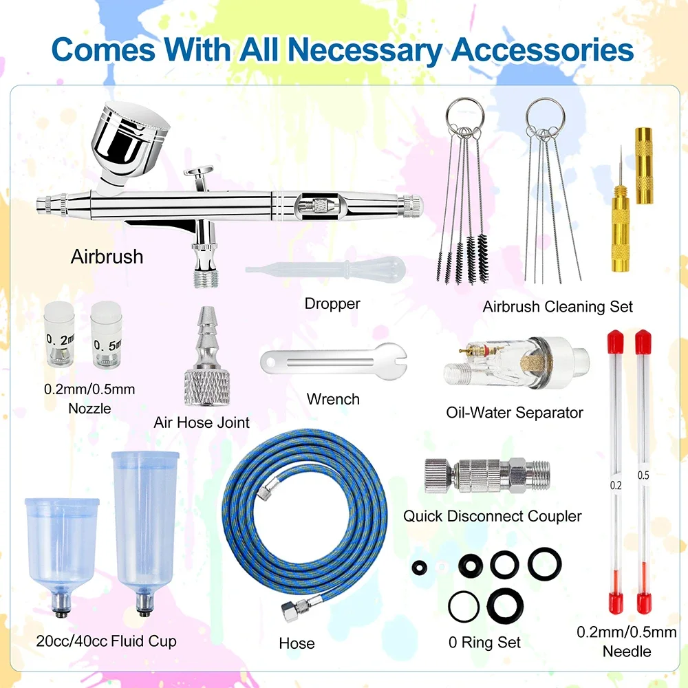 Dual-Action Gravity Airbrush Kit, 0.2/0.3/0.5mm Needles 7/20/40cc Cups Cleaning Tools for Makeup Nail Art Painting Car Detailing