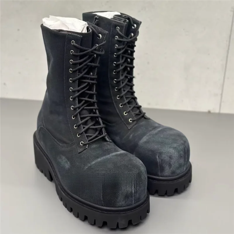 Bota de diseñador negra con cordones y punta redonda para hombre, bota alta a la moda para hombre