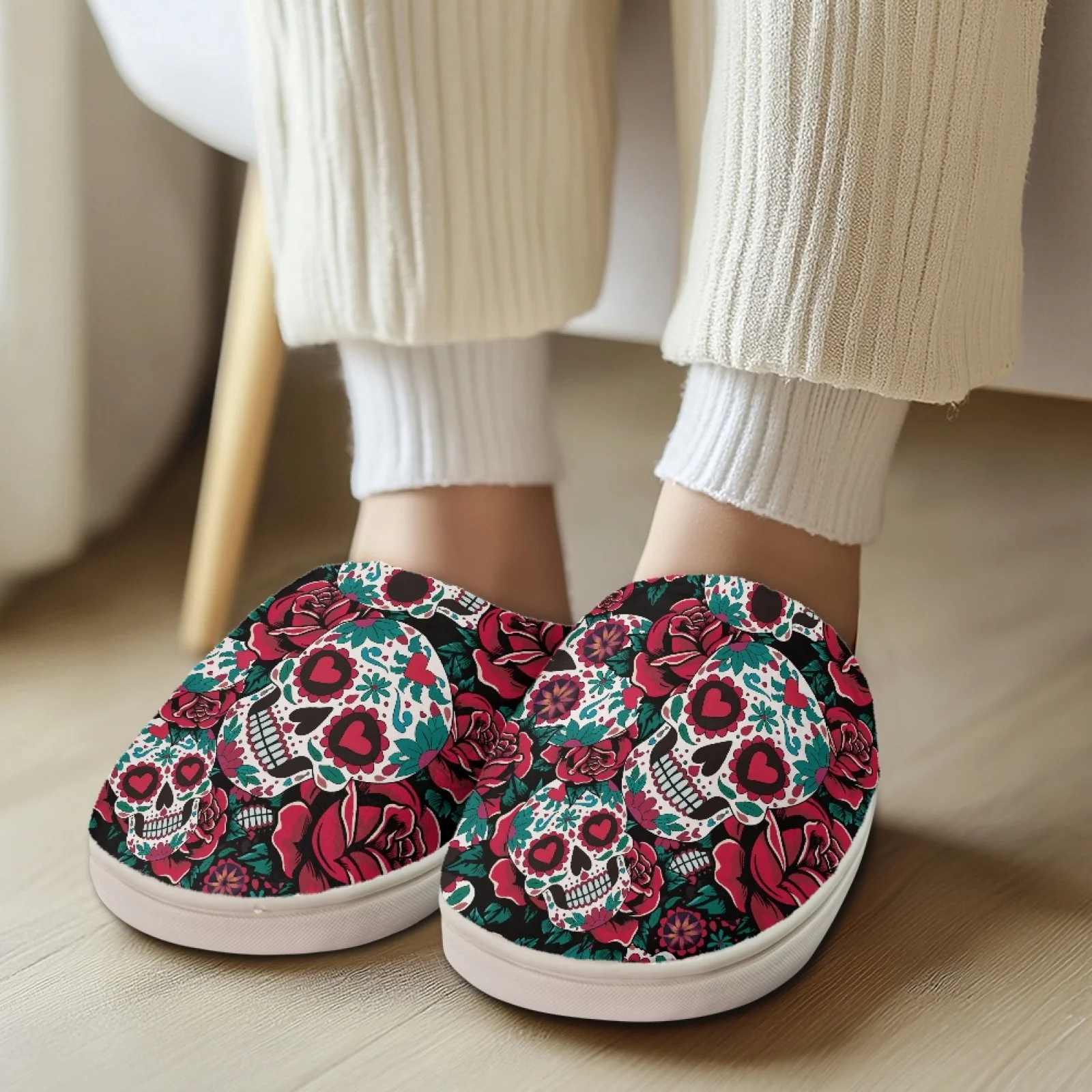 PENSTROLL Skull Rose Cute House Shoes Slippers For Nurses After Shift Non Slip Slippers For Elderly Women