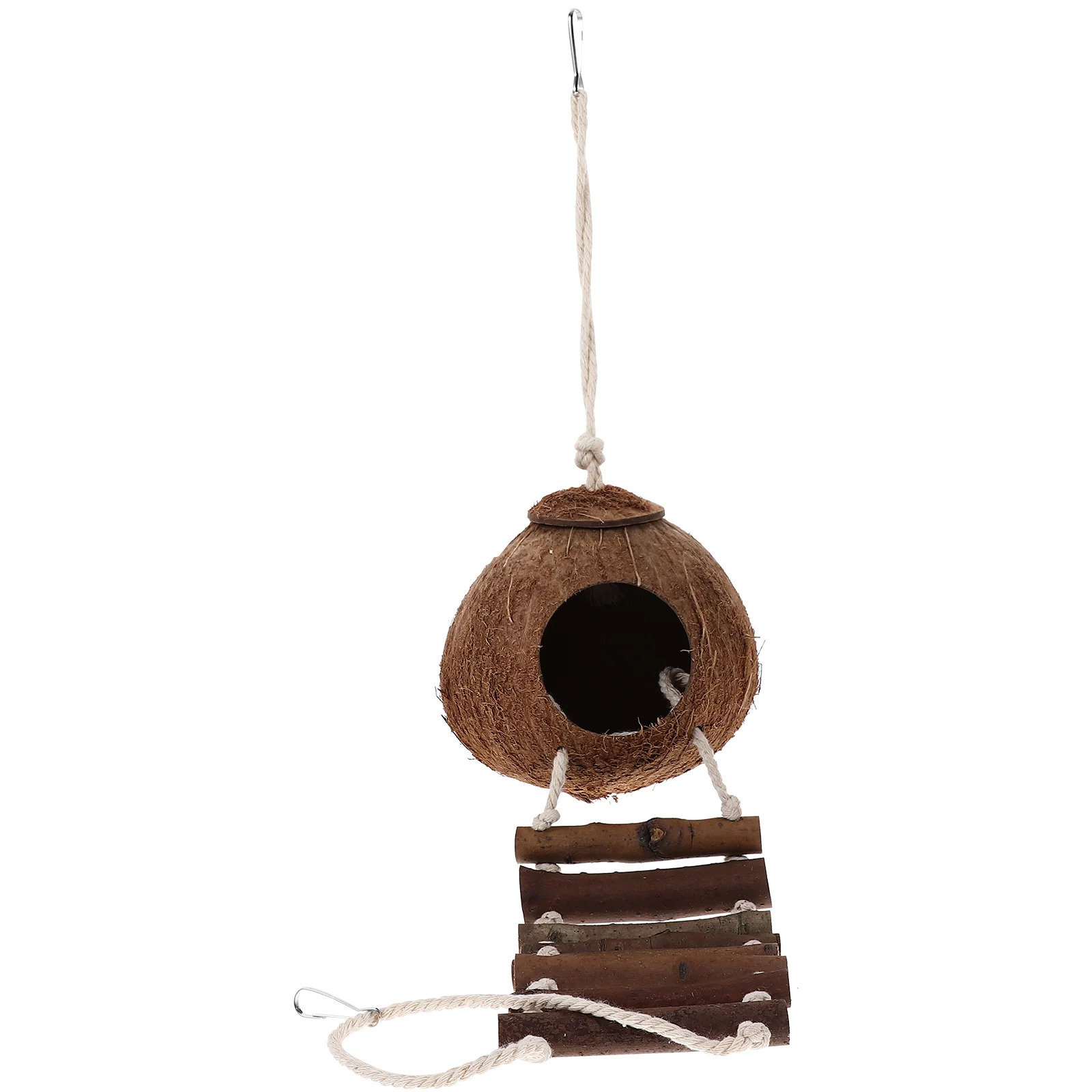 Coconut Shell Hermit Cave Habitat with Ladder Hanging Ring Decor Animal Wooden Small Reptile Shelter Terrarium