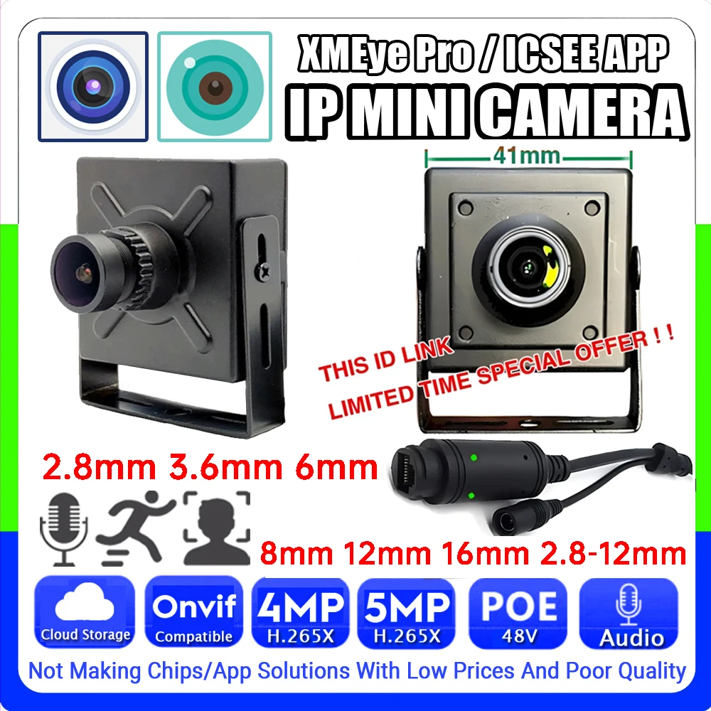 Audio IP POE Mini Camera 5MP 4MP 2.8/3.6/12/16mm H.265 HD Microphone Onvif Ai Face/Motion Detection Xmeye ICSEE App RJ45 Webcam