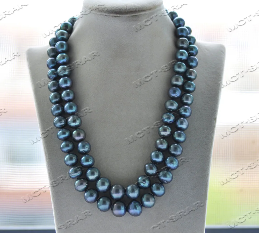 

MCT·STAR Z12139 2Row 19'' 15mm Peacock-Black Round Keshi Edison Pearl Necklace "8" CZ