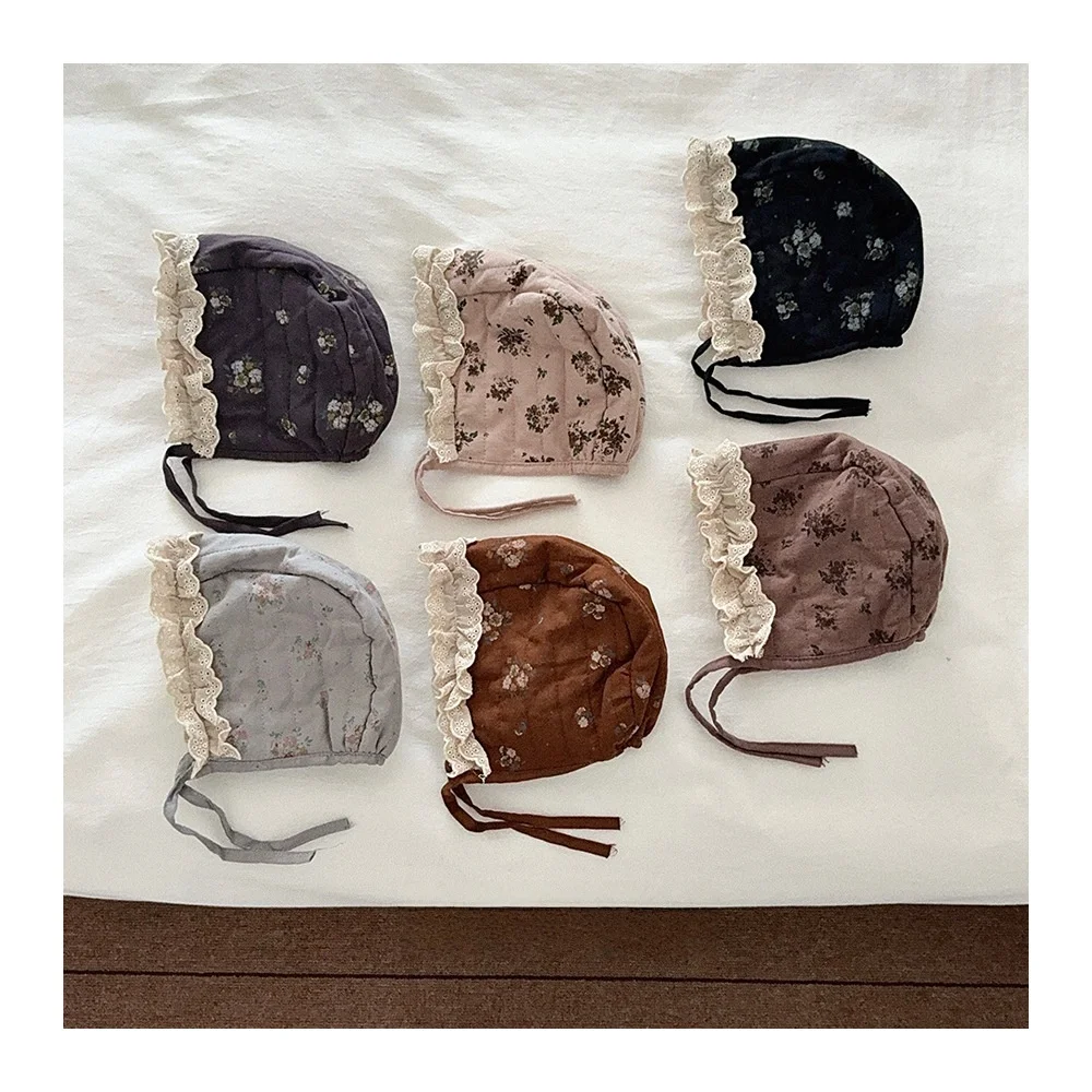 

Kids Girls Quilted Earflap Hat for Newborns Baby Floral Print Lace Trim Bonnet Warm Winter Cap for Toddlers Girls Accessories