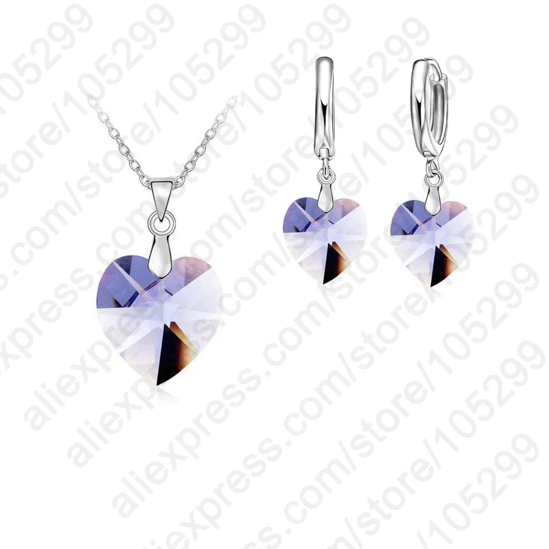 Romantic Clearly Austrian Crystals 925 Sterling Silver Jewelry Sets Heart Pendant Necklaces Lever Back Earring For Woman