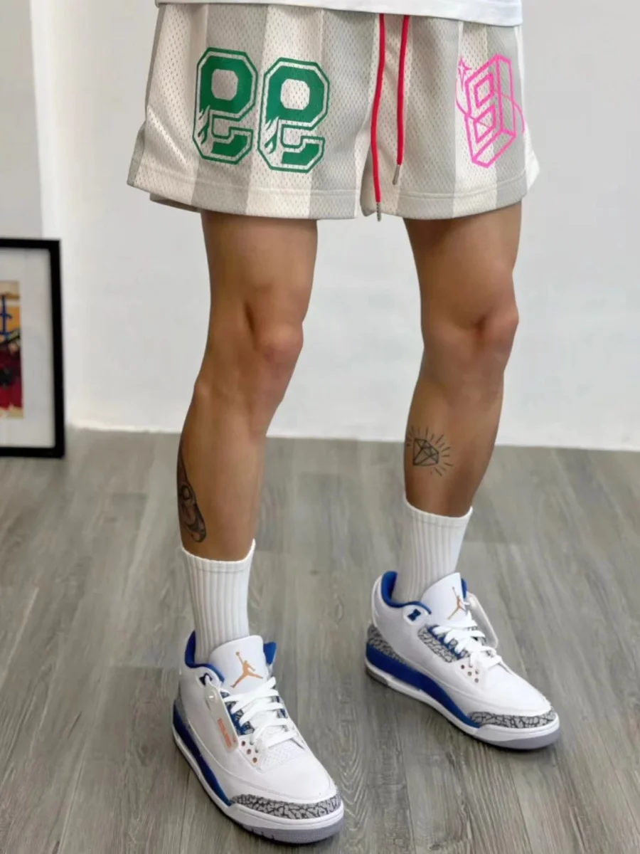 

American Street Sle Color Blo Stripe Double Layer Me Basketball Свободные повседневные мужские рта Летний модный спорт Quadripa...