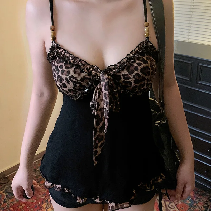 

Камзол Zeyla Y2K с леопардовым принтом: сетчатый пэчворк в западном стиле, бретельки с рюшами и бисером, сексуальный облегающий модный женский повседневный топ