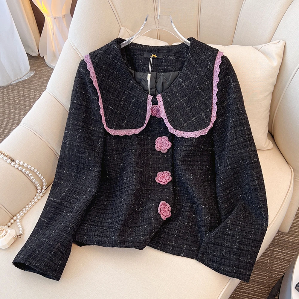 

Plus-size women's autumn and winter new black casual loose clip cotton coat doll collar age reduction long sleeve cardigan top