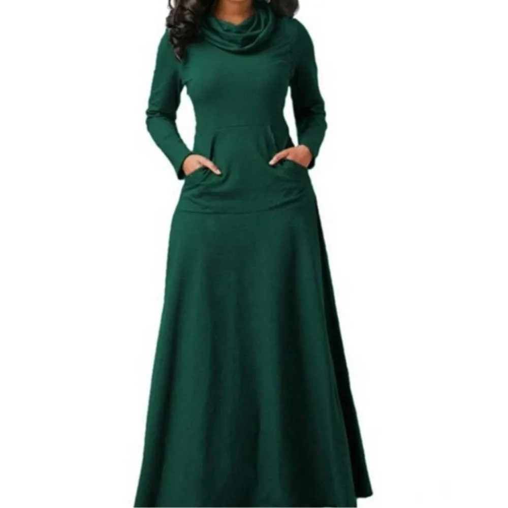 Autumn Winter Solid Color Splicing Pocket Neck Large Pendant Long Dress 2024 Casual Women's High Waist Long Sleeve Maxi Dress