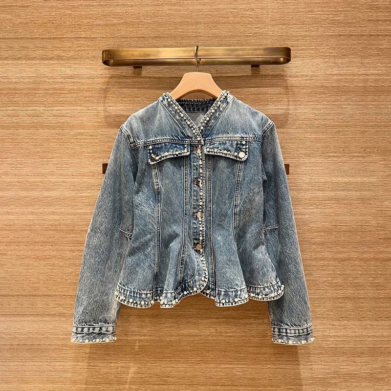 

【Gift Free】2026 Early Spring French Niche Fashion Denim Cinched-Waist Ruffle V-Neck Rhinestone-Trim Embellished Jacket for Women