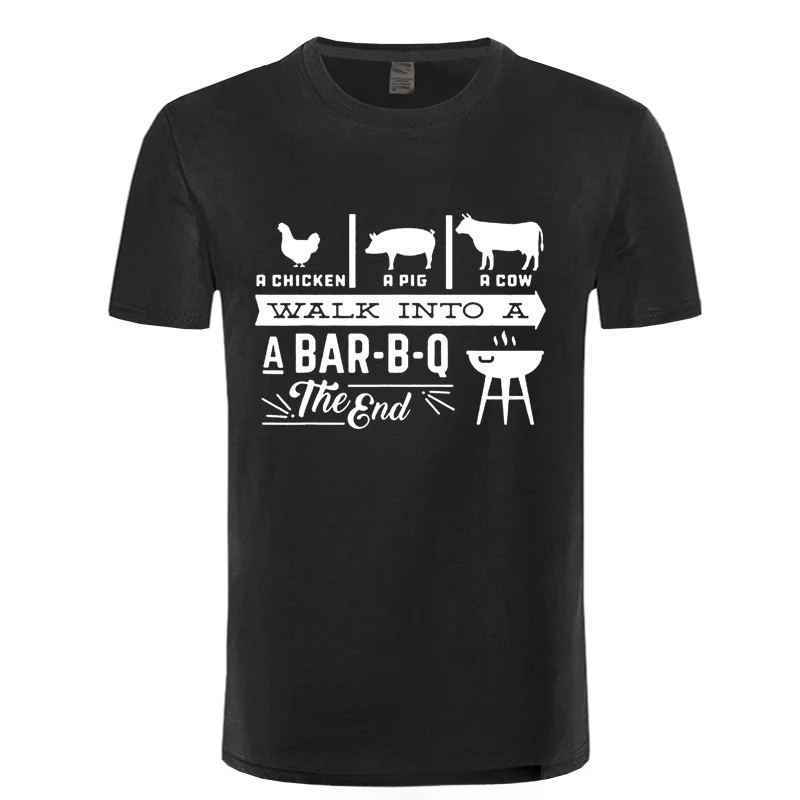 A Chicken Pig Cow Walk Into Barbecue BBQ Funny T Shirts Men Summer Cotton Harajuku Short Sleeve O Neck Streetwear Black T-shirt