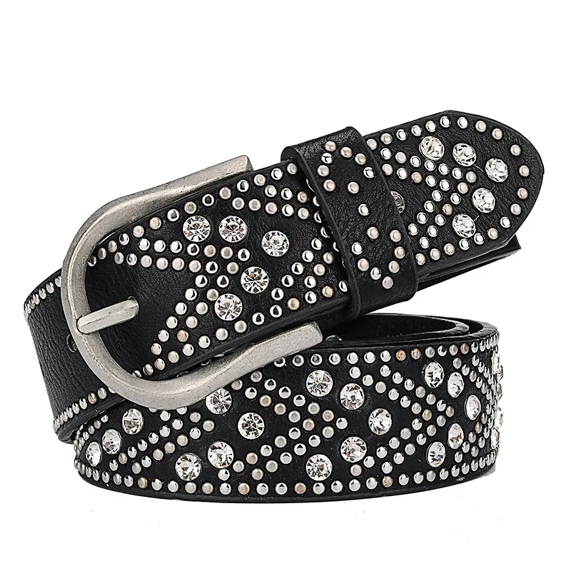 

Western Rivet Rhinestone Design PU Leather Women Belt Fashion Jeans Dress Belt for Ladies