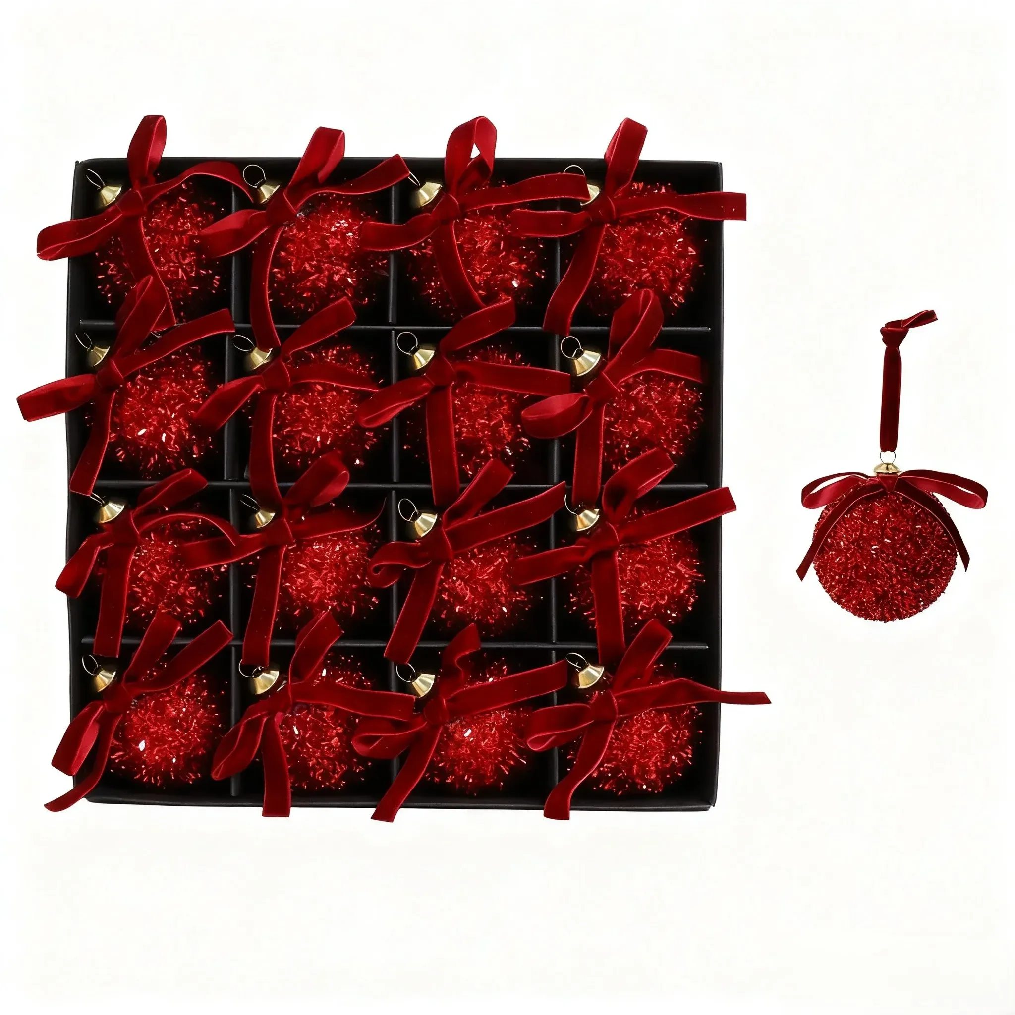 

16PCS Red Glitter Foam Christmas Ornaments With Velvet Ribbon - Festive Decor Christmas Ball Set Box Party Supplies