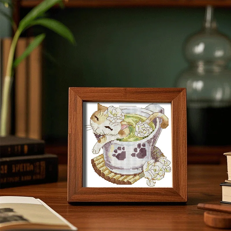 

Soulgift Stamped Pre-Printed Cross Stitch Kits, 9CT/11CT/14CT/16CT Fabric with DMC Threads, Easy to Follow - Teacup Cat