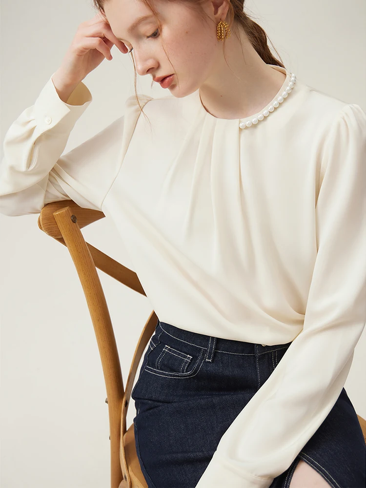 FSLE French Retro Style Pearl Shirt For Women Round Neck Puff Sleeve Office Lady Spring Solid Commuter Shirts 24FS11348