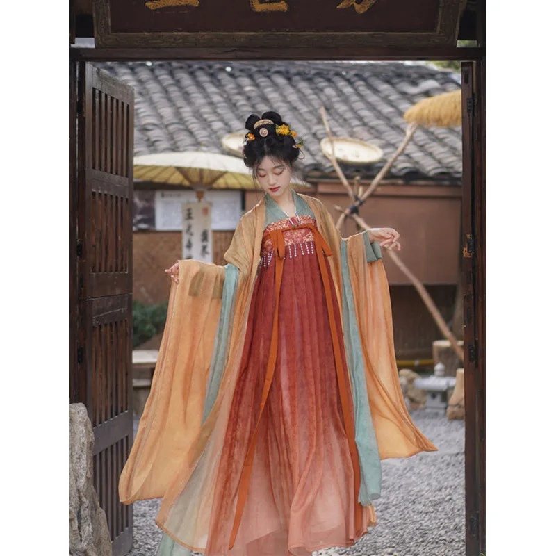 Hanfu women's Tang Dynasty improved embroidered cardigan, large-sleeved shirt, chest-length skirt, traditional suit