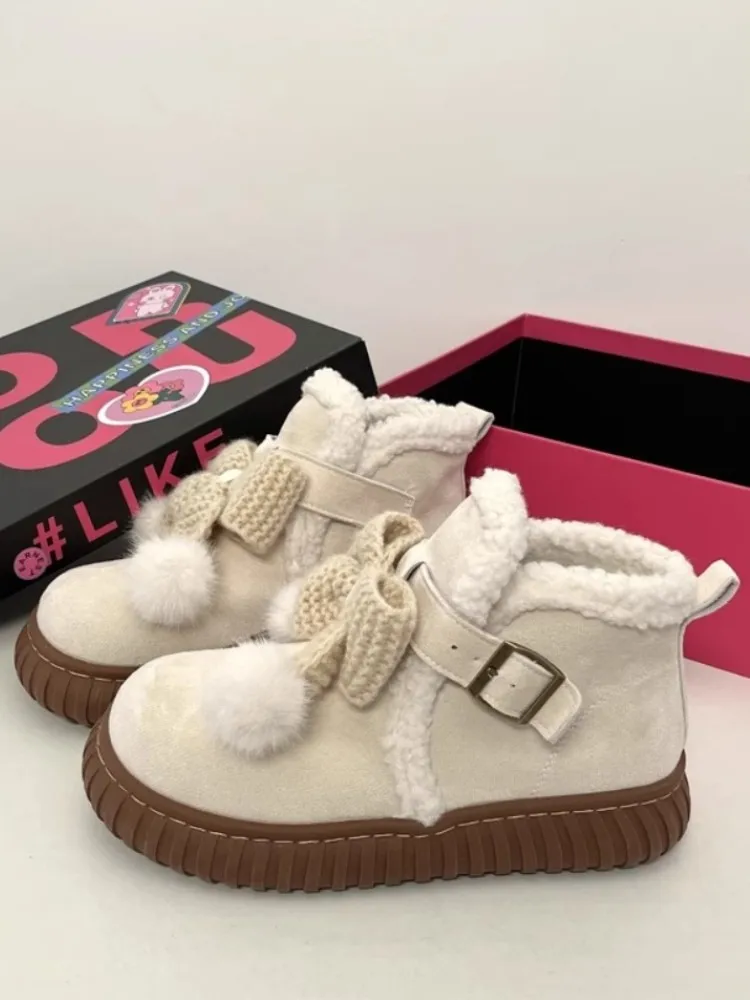 

Winter Slip-on Snow Boots Women's Fleece Thickened Bow Cotton Ankle Shoes Outwear Warm Plush Mid Heel Kawaii Girls Shoes