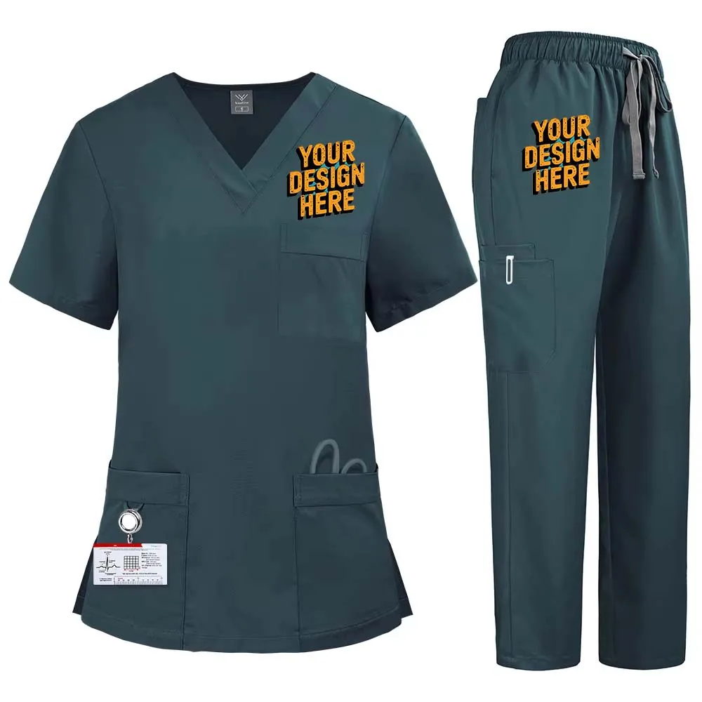 Nueva ropa elástica de secado rápido para lavar las manos para hombres y mujeres, traje de médico y enfermera de talla grande, conjunto de dos piezas con logotipo personalizado gratis