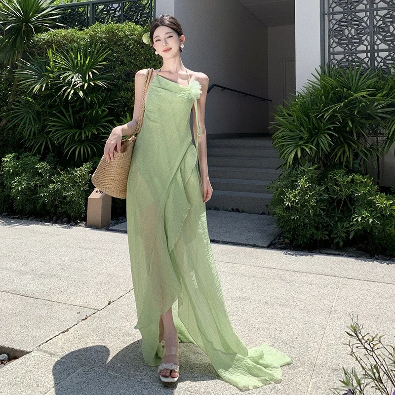 2024 New Summer Fairy Halter Prom Dress Women\'s Maxi Ruffles Green Party Dresses Backless Tender Lolita Vacation Long Dress