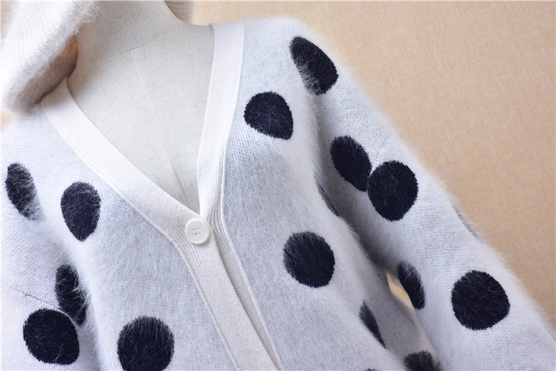 Ladies Women Autumn Winter Fashion White Dot Hairy Angora Rabbit Hair V-Neck Long Sleeves Loose Cardigans Sweater Jacket Coat view 3