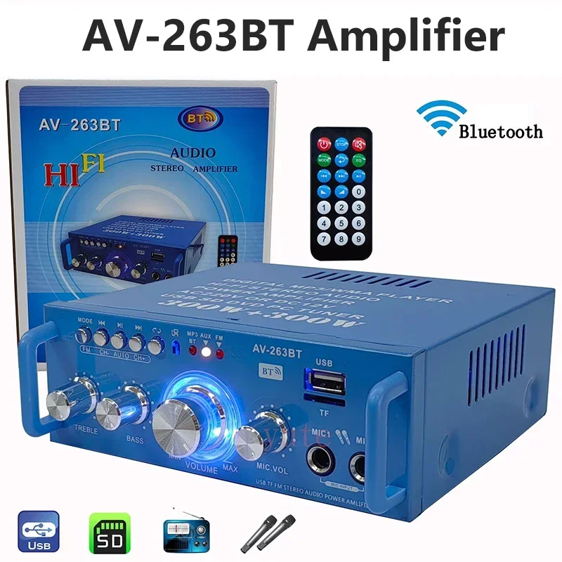 AV-263BT Amplifier for Car Bluetooth Digital Amplifier for Home Karaoke Stereo Car Subwoofer Audio Amplify with Remote Control