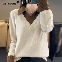 Women's Clothing 2023 Autumn Winter Korean Fashion Patchwork Elegant Chic Knitwear Female Lapel Long Sleeve Loose Pullover Tops