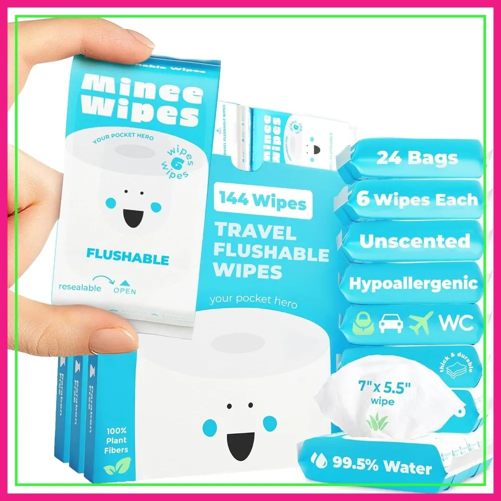 

Travel Flushable Wipes 24 Pack - 99.5% Water & Aloe, Unscented, Hypoallergenic for Sensitive Skin