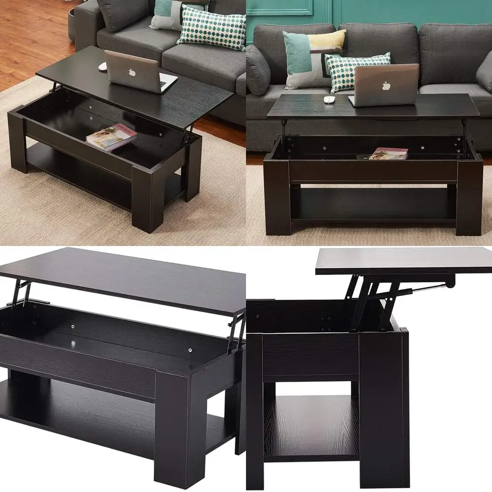 

Contemporary Lift-Top Coffee Table with Concealed Storage, Wooden Shelf, Suitable for Living Room or Office, 39.4x19.7x18.5 (Bla
