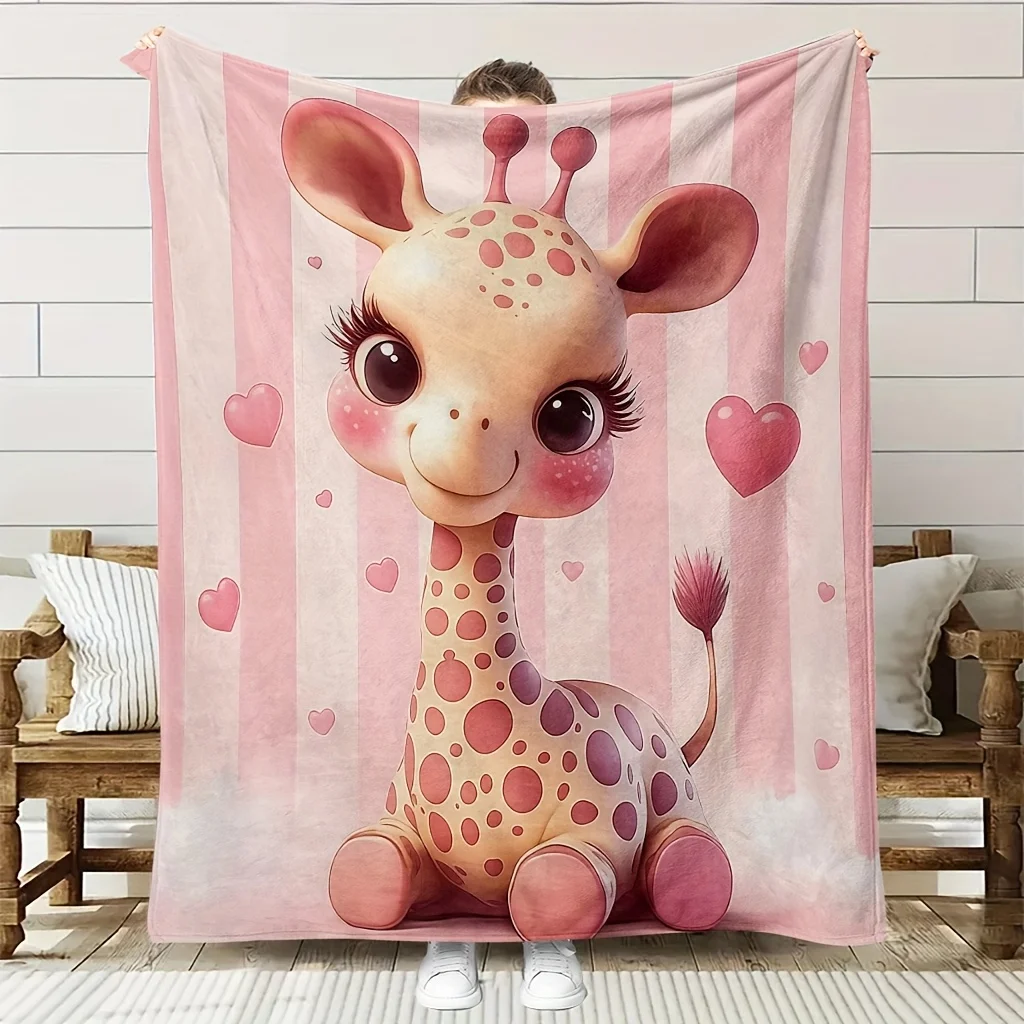 Giraffe-Themed Blanket - Soft High-Definition Digital Print, Pink with Heart Patterns, All-Season Throw for Home & Gifts,Giraffe