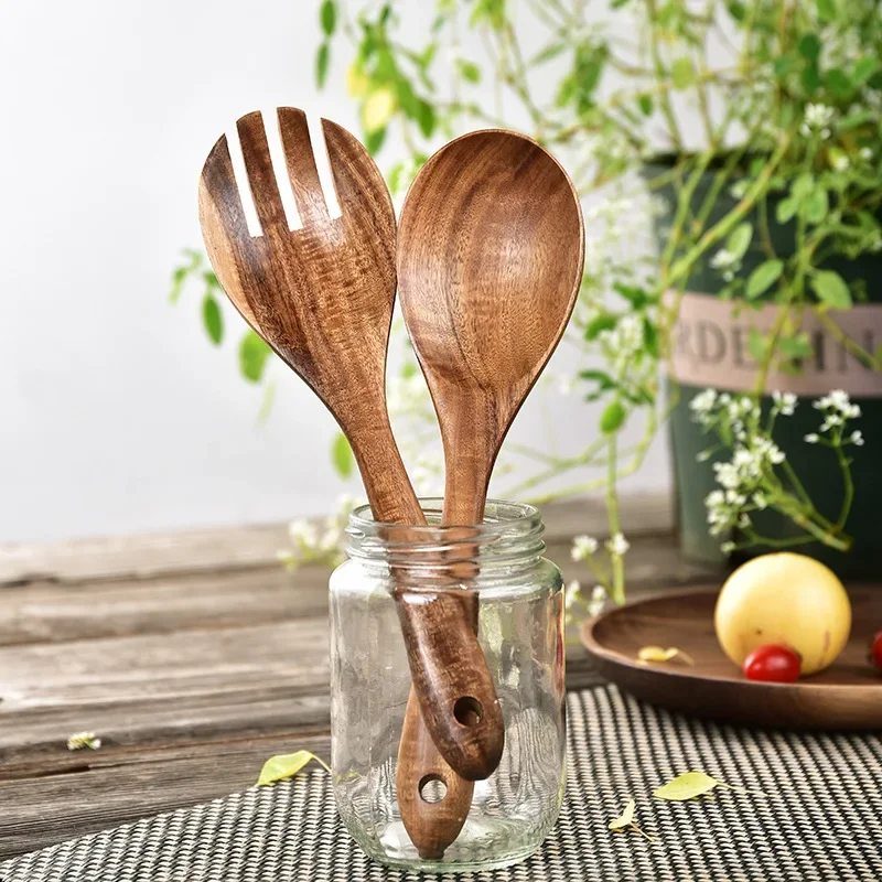 Cooking Spoon and Fork Set Japanese-style Wooden  Salad  Pasta   Log    Utensils Suit 