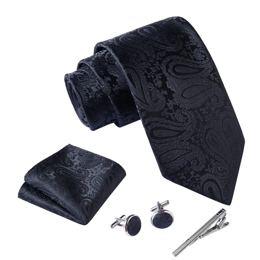 Ikepeibao Heren Zwarte Paisley Stropdas Sets Met Zakdoek Metalen Manchetknopen Clip Set Formele Mannen Pak Accessorie Hombre Performance Stropdas