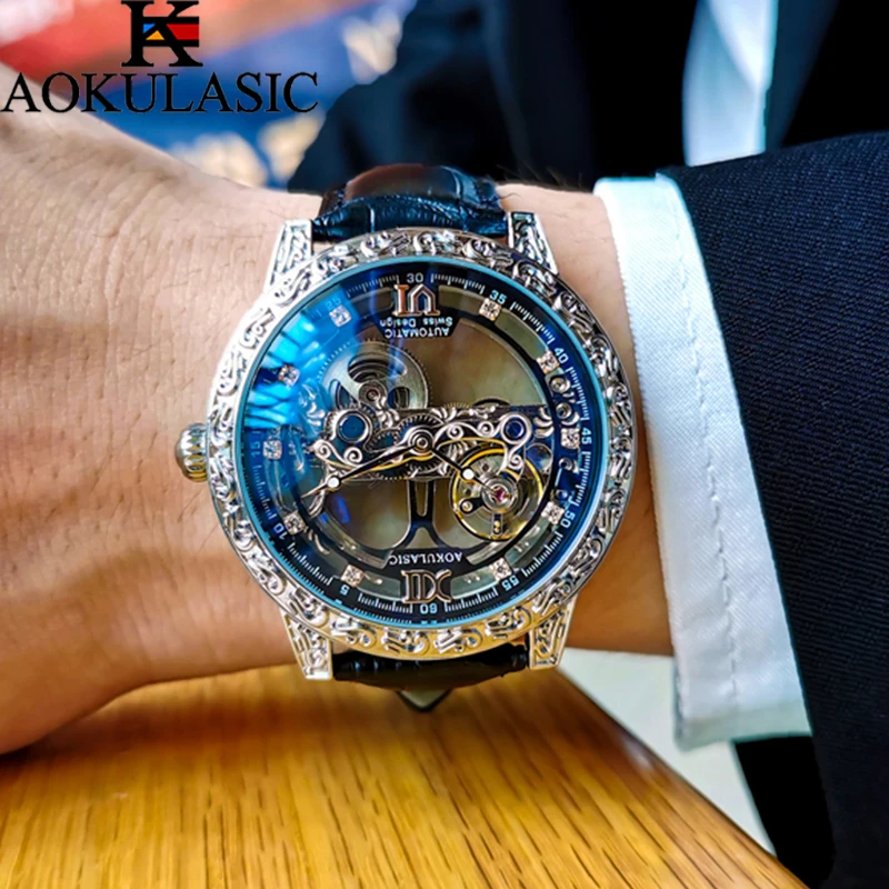 AOKULASIC الفاخرة جلد رجل آلات أوتوماتيكية ساعة ريترو الهاتفي تصميم الوجهين الجوف خارج توربيون مقاوم للماء ساعة رجالية
