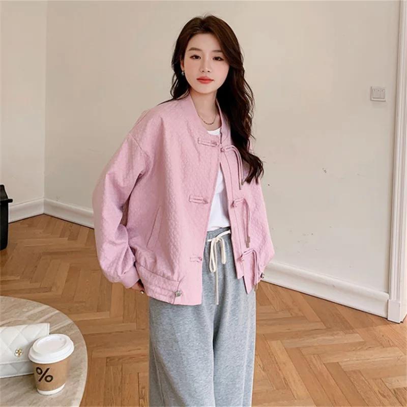 

Loose and Versatile Buckle Jacket for Women Spring Autumn Elegant Fashion Korean Style Casual Pink Coat Outerwear Female 0205